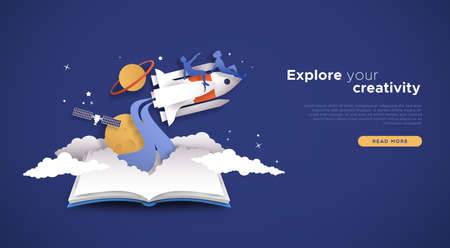 Explore your creativity landing page template. Papercut illustration of people on space rocket ship in 3D paper cut style with spaceship. Creative exploration, online skill class or business concept.のイラスト素材