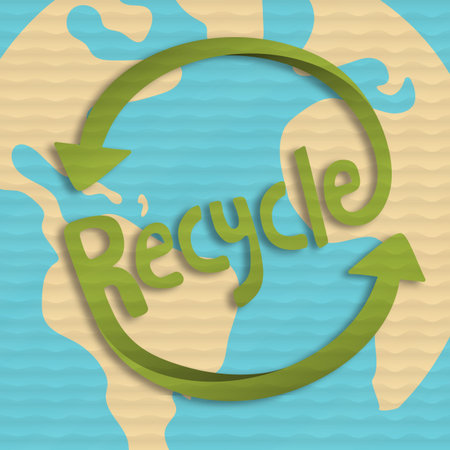 Recycle symbol illustration with green earth planet map in papercut cardboard texture. Environment help concept for recycling activity.のイラスト素材