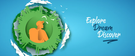 Man with backpack and green eco-friendly banner. City skyline landscape in 3d papercut style. Circle...
