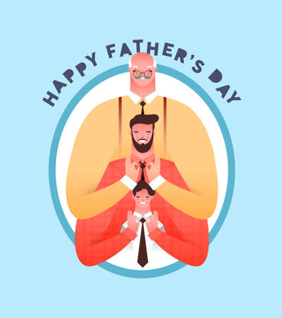Happy Father's Day greeting card illustration. Grandfather, adult dad fixing child son tie in modern flat cartoon style. Multi generation father and kid together for special family holiday.のイラスト素材