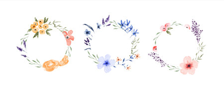 Beautiful watercolor flower wreath frame set on isolated background. Vintage style floral spring template collection for product presentation, wedding event or nature design.のイラスト素材