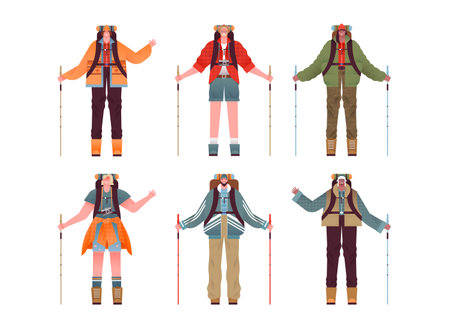 Set of diverse people with hiking equipment and camping backpack on isolated white background. Happy...