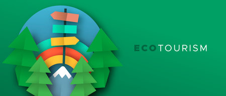 Eco tourism banner illustration in 3d paper cut craft style. Outdoor travel illustration with...
