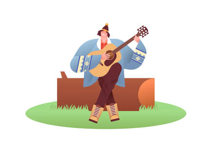 Happy young woman playing acoustic guitar in nature landscape for outdoor leisure activity concept or camping adventure on isolated white background.のイラスト素材