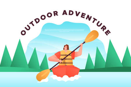 Happy Woman in kayak boat, outdoor adventure template of young girl doing extreme water sport on nature forest landscape. Summer vacation or eco friendly concept.のイラスト素材