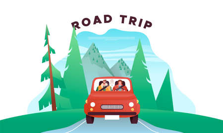 Happy man and woman driving car in front view, retro vehicle on mountain forest landscape background. Modern flat cartoon character illustration for road trip adventure concept.のイラスト素材