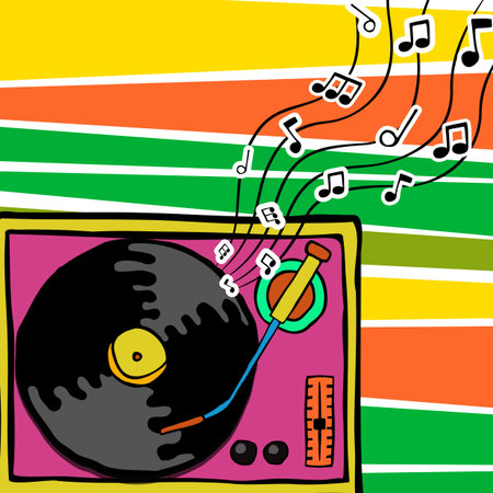 Colorful retro turntable vinyl illustration in 80s comic hand drawn style. Vintage music player with...