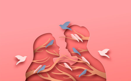 Young man and woman couple looking at each other. People in love silhouette with tree branch, bird...