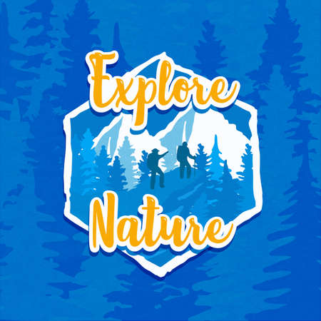 Explore Nature illustration of forest landscape with people climbing in mountain peak. Eco tourism or outdoor adventure concept.のイラスト素材