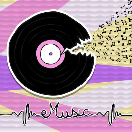 Music concept illustration of retro vinyl cd in hand drawn style. Vintage record player symbol on colorful background.のイラスト素材