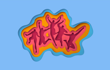 Colorful people group in jumping pose together. Layered 3d papercut craft illustration for...