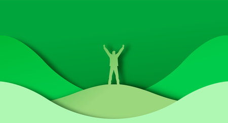 Happy business man with arms up in victory pose at top of mountain peak. 3D paper cut illustration...