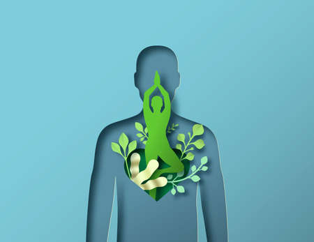 Woman or man body silhouette doing yoga tree pose. 3D papercut style illustration with nature decoration. Meditation exercise, natural eco friendly product concept.のイラスト素材