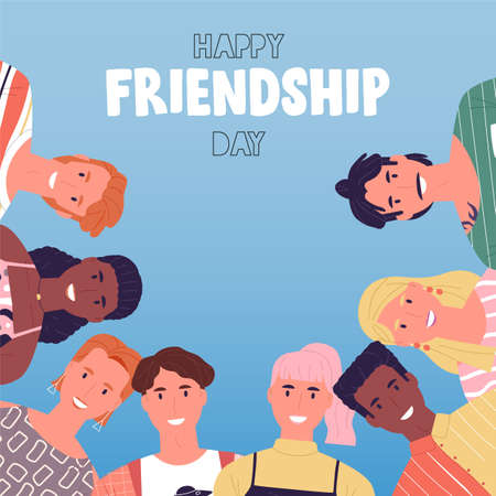 Happy friendship day greeting card, smiling young people group in circle hug together, smiling friend team of diverse cartoon characters.のイラスト素材