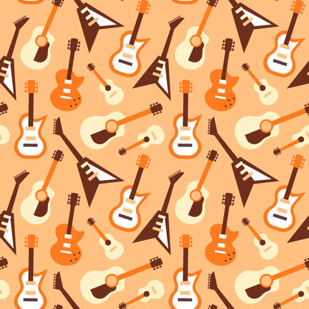 Guitar music instrument seamless pattern, cartoon icon background of different style instruments. Retro electric guitars for band event, concert concept.のイラスト素材