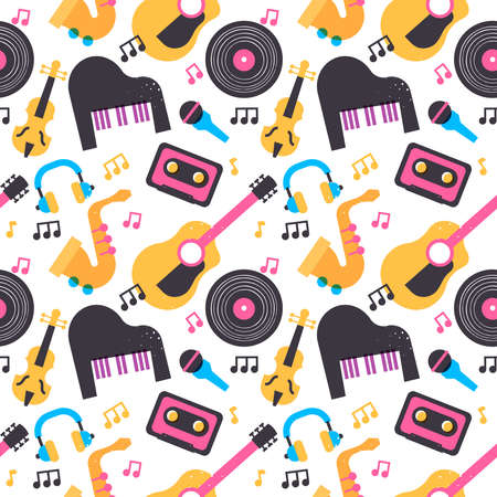 Colorful music instrument seamless pattern with cartoon piano, guitar, vinyl and more musical equipment icons. Retro style audio background design.のイラスト素材