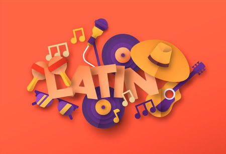 Latin music style illustration with 3d paper cut musical