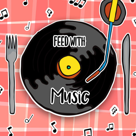 Feed with music concept of funny vinyl turntable as food plate in restaurant table. Musical...
