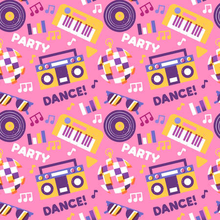 Party music seamless pattern with cartoon piano, disco ball, dj vinyl and more electronic equipment icons. Fun dance celebration background design.のイラスト素材