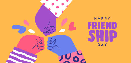 Happy friendship day web banner illustration of colorful diverse friend group doing fist bump hand...
