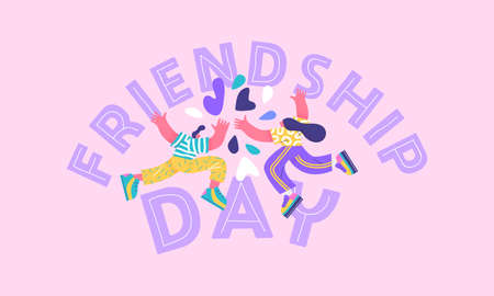 Happy friendship day greeting card illustration of young man and woman friends doing high five hand gesture together. Special best friend relationship celebration, colorful flat cartoon characters.