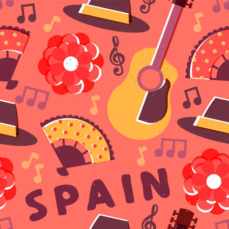 Spanish culture seamless pattern illustration. Spain travel background design with guitar, flamenco music, rose flower, and more.のイラスト素材