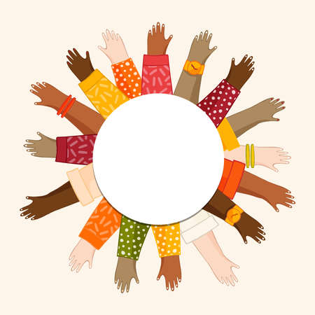 Empty white circle frame with young people hands for diverse community concept or friendship celebration design on isolated background.のイラスト素材