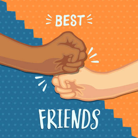 Friendship Day greeting card illustration of two friends doing fist bump hand gesture. Best friends text quote message for social event celebration.のイラスト素材