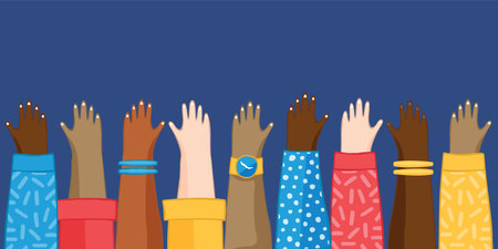 Diverse young people hands raised on isolated background. Colorful teen group with arms up for social event or community concept.のイラスト素材