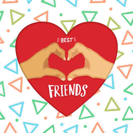 Friendship Day greeting card illustration of friend hands doing heart shape love gesture. Best friends text quote message for social event celebration.のイラスト素材