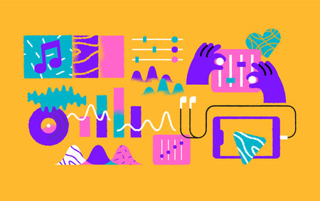 Music icon illustration set of trendy musical app icons in retro hand drawn cartoon style. Colorful...