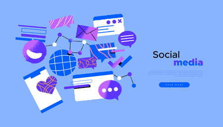 Social media web template illustration with trendy hand drawn communication icons for modern online community concept or business network project.のイラスト素材