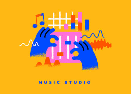 Music studio colorful illustration on isolated background. Professional sound control, dj or audio volume mixing concept in trendy hand drawn cartoon style.のイラスト素材