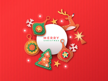 Merry Christmas greeting card with papercut holiday season icons and paper frame. Includes 3D paper craft ornament, pine tree, reindeer decoration.のイラスト素材