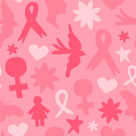 Breast Cancer awareness seamless pattern, simple pink doodle decoration background for women healthcare campaign. Includes ribbon, flowers, butterfly.のイラスト素材