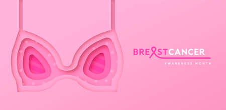 Breast Cancer awareness month web banner illustration of woman bra underwear in 3d papercut craft style. Pink paper cut concept for disease prevention or october support campaign.のイラスト素材