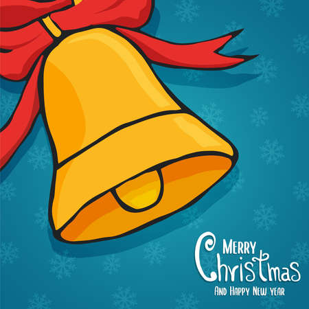 Merry Christmas Happy New Year greeting card illustration of bell ornament in hand drawn style. Festive holiday season cartoon design for party invitation or seasons wishes.のイラスト素材