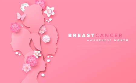 Breast Cancer Awareness Month web template illustration. Diverse women faces in modern papercut style with paper flowers and pink butterfly. Disease prevention campaign or health care support concept.のイラスト素材