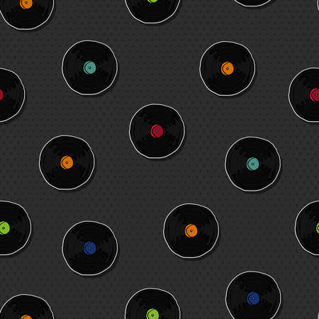 Hand drawn vinyl cd seamless pattern, retro style cartoon background for music technology or audio equipment concept.のイラスト素材
