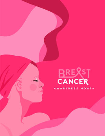 Breast Cancer awareness month greeting card illustration of beautiful survivor woman with pink head wrap as hair. Female health care, charity campaign or disease prevention design.のイラスト素材