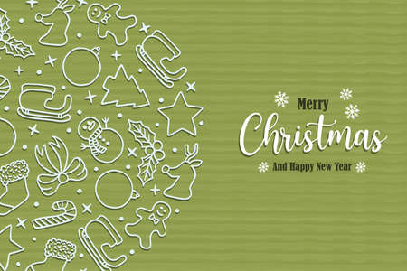 Merry Christmas Happy New year greeting card illustration of holiday season outline icons. Traditional xmas symbols include reindeer, bauble, snowman and pine tree.のイラスト素材