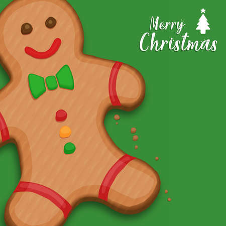 Merry Christmas greeting card illustration of funny gingerbread man cookie in hand drawn style. Traditional holiday food cartoon for xmas wishes or party invitation.のイラスト素材