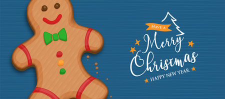 Merry Christmas and Happy New year web banner illustration of funny gingerbread man cookie in hand drawn style. Traditional holiday food cartoon for xmas wishes or party invitation.のイラスト素材