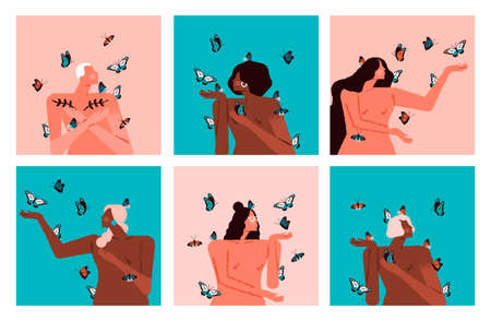 Beautiful diverse women characters with butterfly flying on isolated background. Ethnic woman group for female wellness, body care or feminist campaign.のイラスト素材