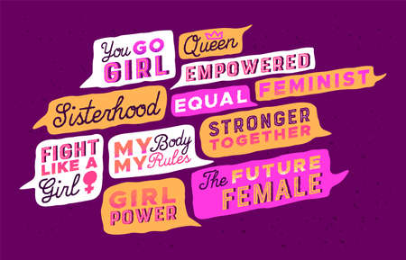 Feminist movement quote set, powerful inspirational words and motivation messages for female rights. Women equality typography quotes, sticker pack or label collection.のイラスト素材