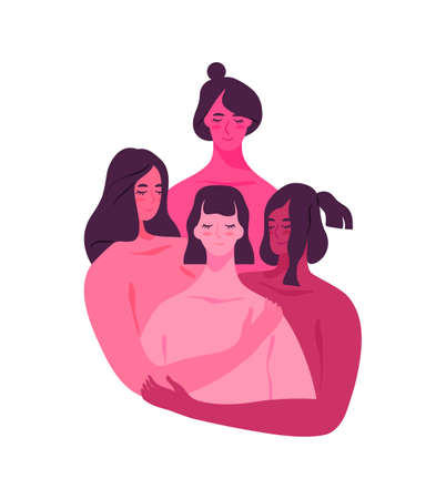 Group of happy diverse women hugging girl friend for emotional support or friendship love concept. Flat people cartoon on isolated background.のイラスト素材
