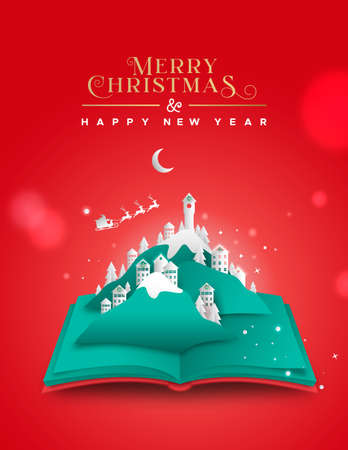 Merry Christmas Happy New Year greeting card illustration of winter season landscape inside open book. Festive 3D papercut xmas village with mountains and santa claus flying in sled.のイラスト素材