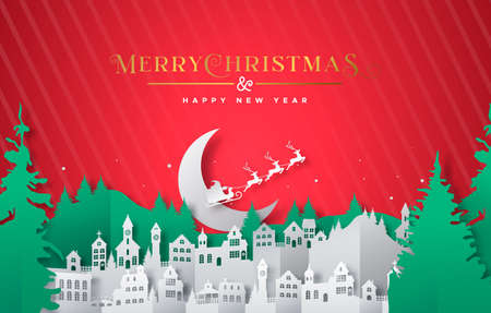 Merry Christmas Happy New Year greeting card illustration of winter city landscape and pine tree forest. Festive 3D papercut xmas village with santa claus flying in sled.のイラスト素材