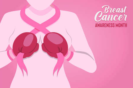 Breast Cancer Awareness month greeting card illustration of woman with pink ribbon and boxing gloves for healthcare campaign in October. Women health care, fighter girl concept.のイラスト素材