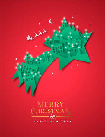 Merry Christmas Happy New Year greeting card illustration of winter city 3D papercut in shooting star shape. Realistic carved paper craft cutout with festive village houses and santa claus sled.のイラスト素材